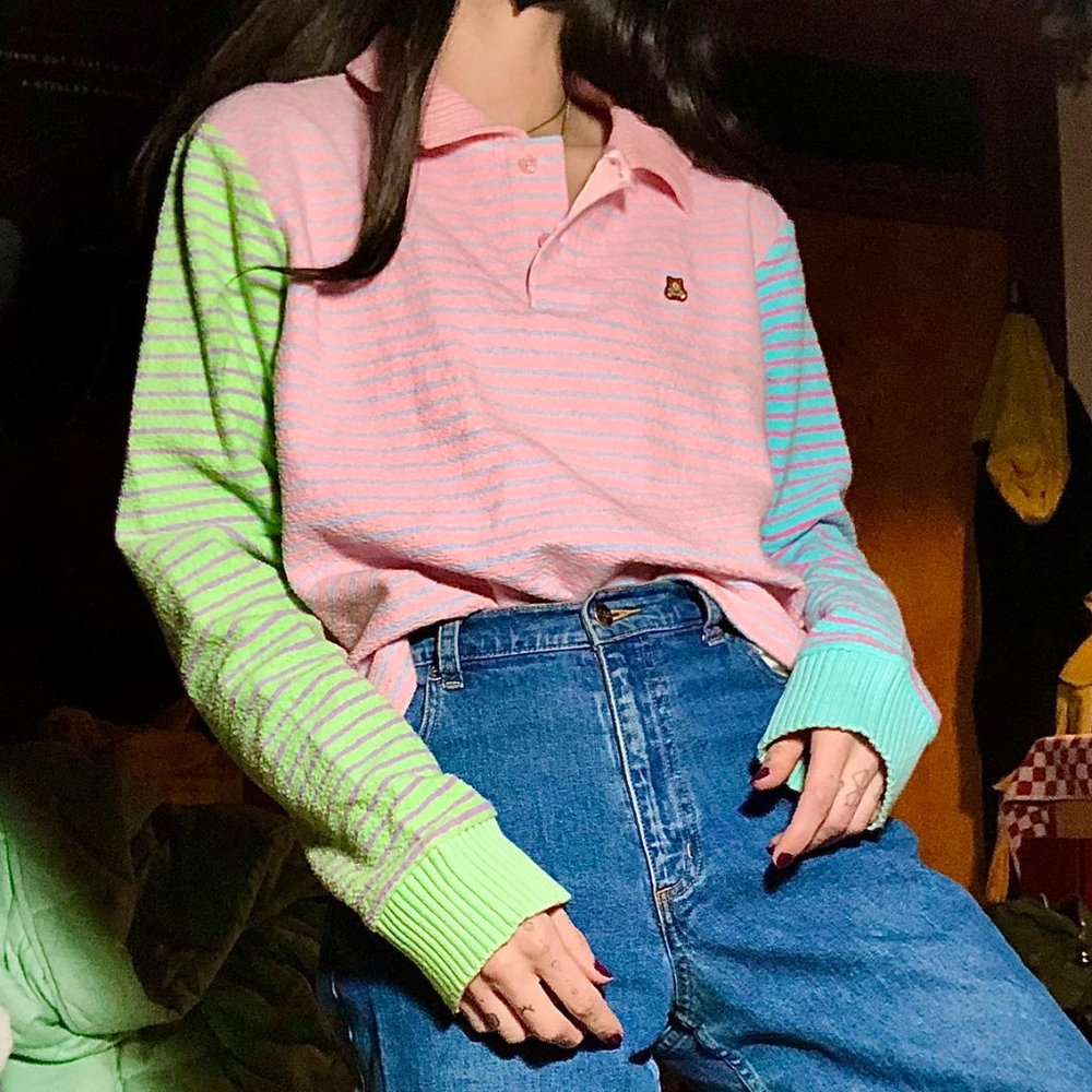 Teddy Fresh Women's Long Sleeve Colorblock Polo - Size Large - Terry Cloth